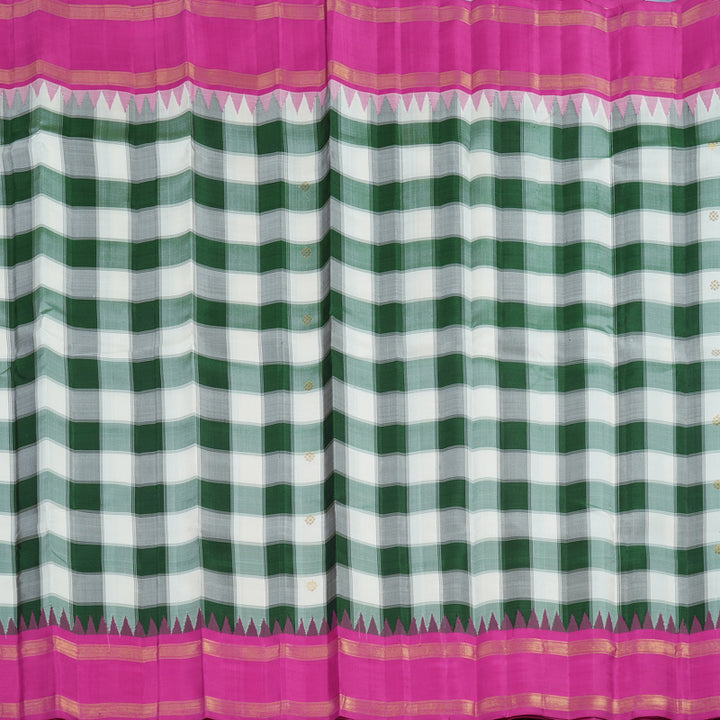 Hayagrivas Handloom White & Bottle Green Checks Kanjivaram Silk Saree with Rani Pink Border KSBE126C9-2