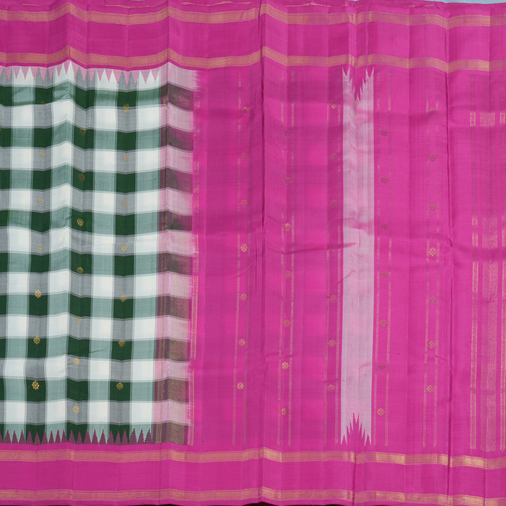 Hayagrivas Handloom White & Bottle Green Checks Kanjivaram Silk Saree with Rani Pink Border KSBE126C9-2