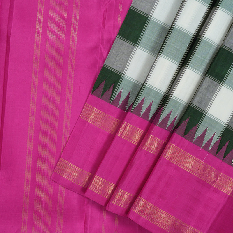 Hayagrivas Handloom White & Bottle Green Checks Kanjivaram Silk Saree with Rani Pink Border KSBE126C9-2