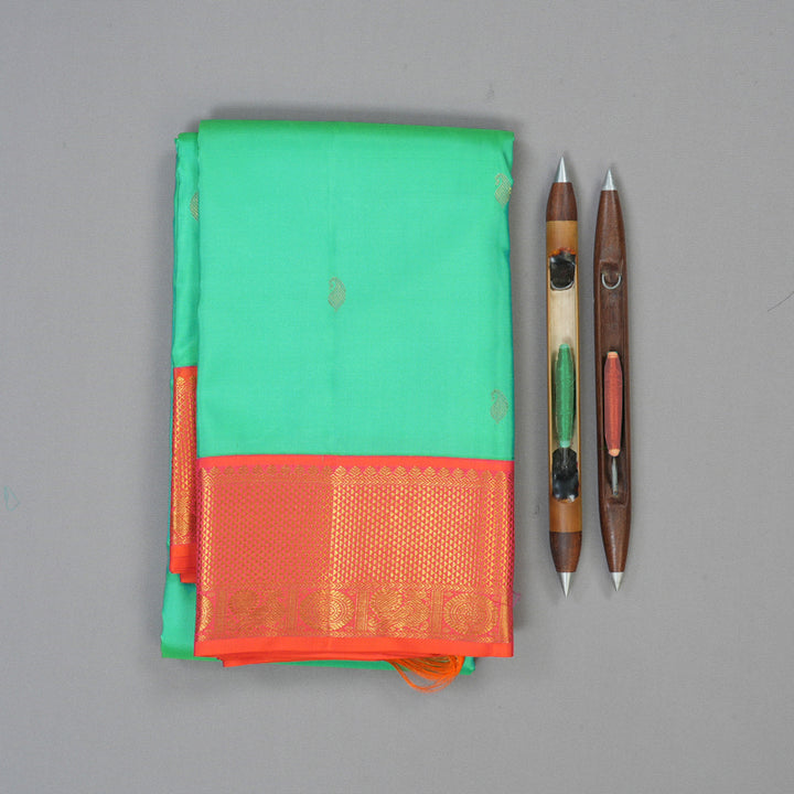 Hayagrivas Handloom Aqua Green Kanjivaram Silk Saree with Orangish-Pink Border KSBE127C12-11