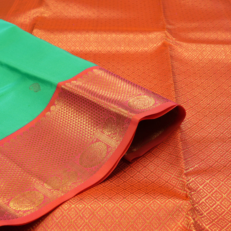 Hayagrivas Handloom Aqua Green Kanjivaram Silk Saree with Orangish-Pink Border KSBE127C12-11