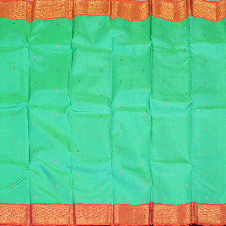 Hayagrivas Handloom Aqua Green Kanjivaram Silk Saree with Orangish-Pink Border KSBE127C12-11