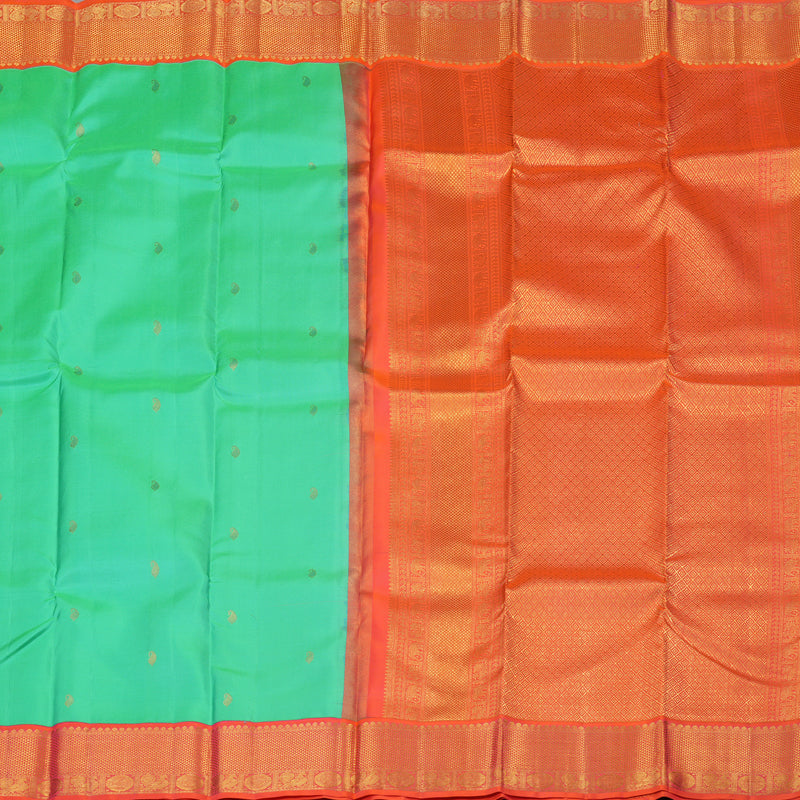 Hayagrivas Handloom Aqua Green Kanjivaram Silk Saree with Orangish-Pink Border KSBE127C12-11
