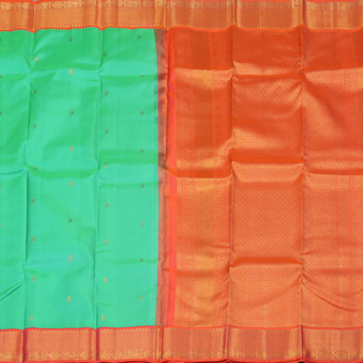 Hayagrivas Handloom Aqua Green Kanjivaram Silk Saree with Orangish-Pink Border KSBE127C12-11