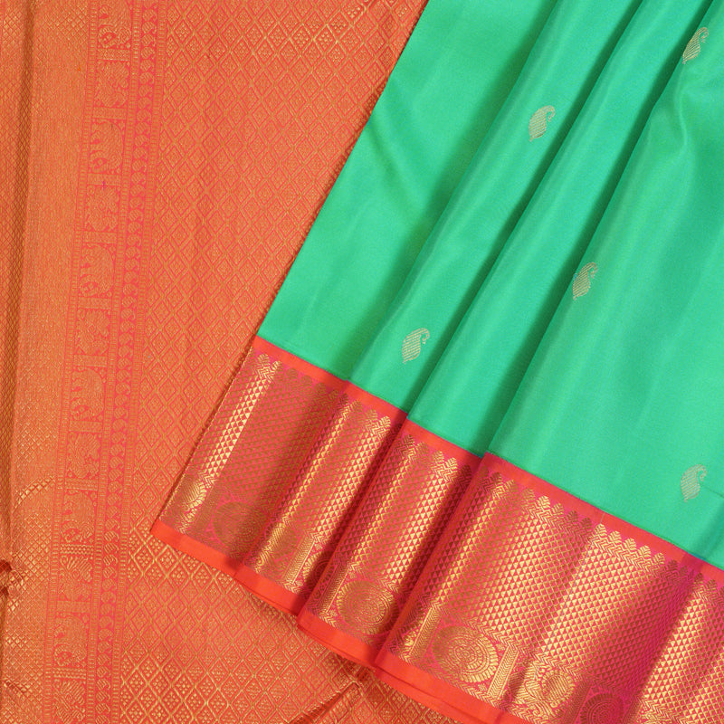 Hayagrivas Handloom Aqua Green Kanjivaram Silk Saree with Orangish-Pink Border KSBE127C12-11