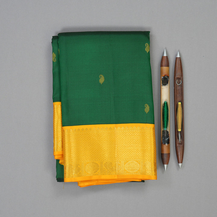 Hayagrivas Handloom Dark Green Kanjivaram Silk Saree with Yellow Border KSBE127C12-3