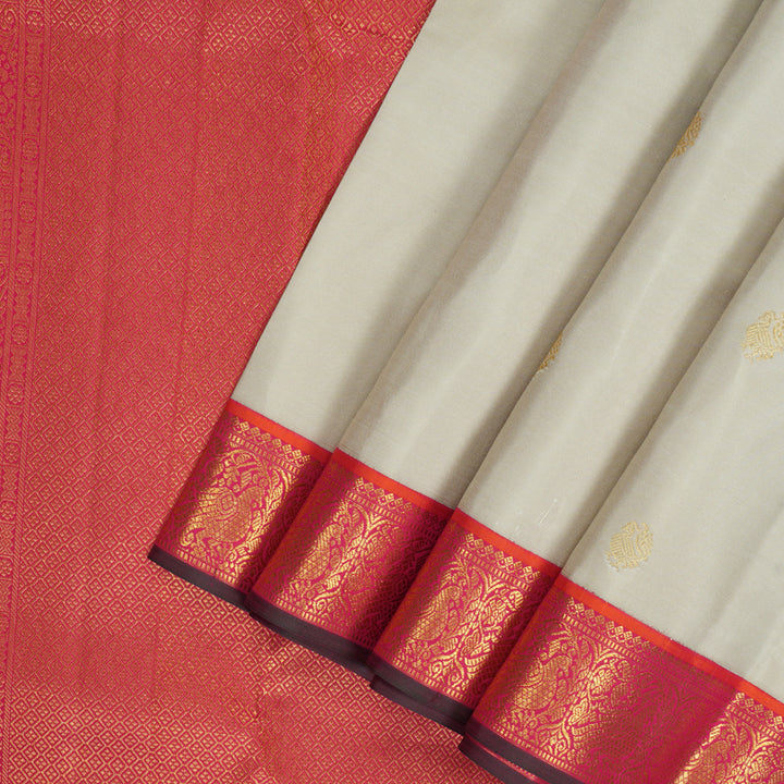 Hayagrivas Handloom Pale Silver Grey Kanjivaram Silk Saree with Pink Border KSBE127C12-4