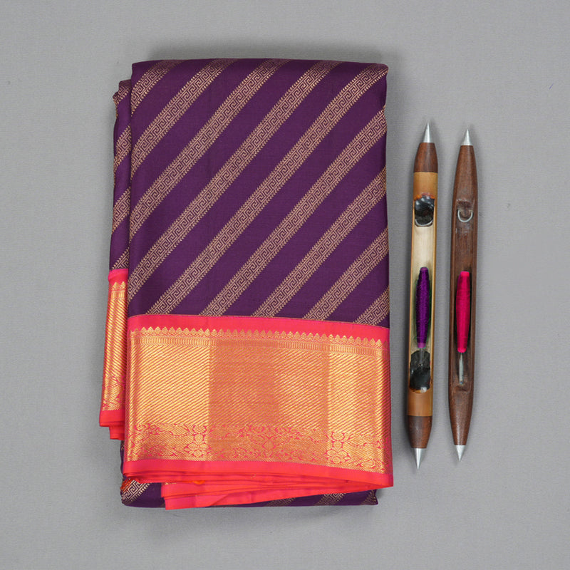 Hayagrivas Handloom Purple Kanjivaram Silk Saree with Orangish-Pink Border KSBE127C9-6