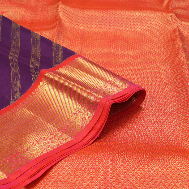 Hayagrivas Handloom Purple Kanjivaram Silk Saree with Orangish-Pink Border KSBE127C9-6