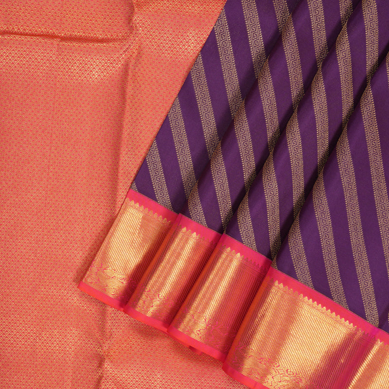Hayagrivas Handloom Purple Kanjivaram Silk Saree with Orangish-Pink Border KSBE127C9-6