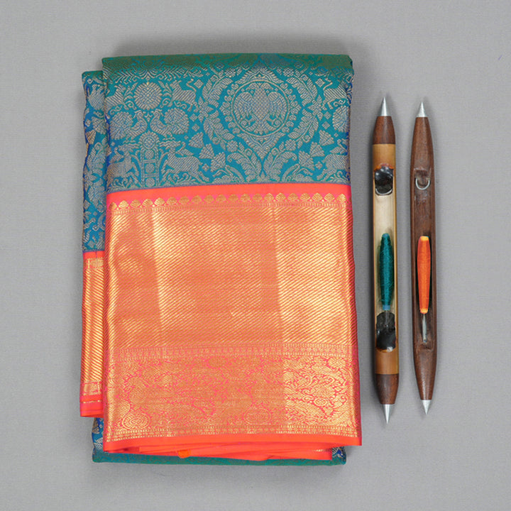 Hayagrivas Handloom Mayilkazhuthu Kanjivaram Silk Saree with Orangish-Pink Border KSBE127C9-9