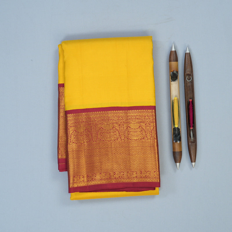 Hayagrivas Handloom Yellow Kanjivaram Silk Saree with Maroon Border KSBE12I6-1