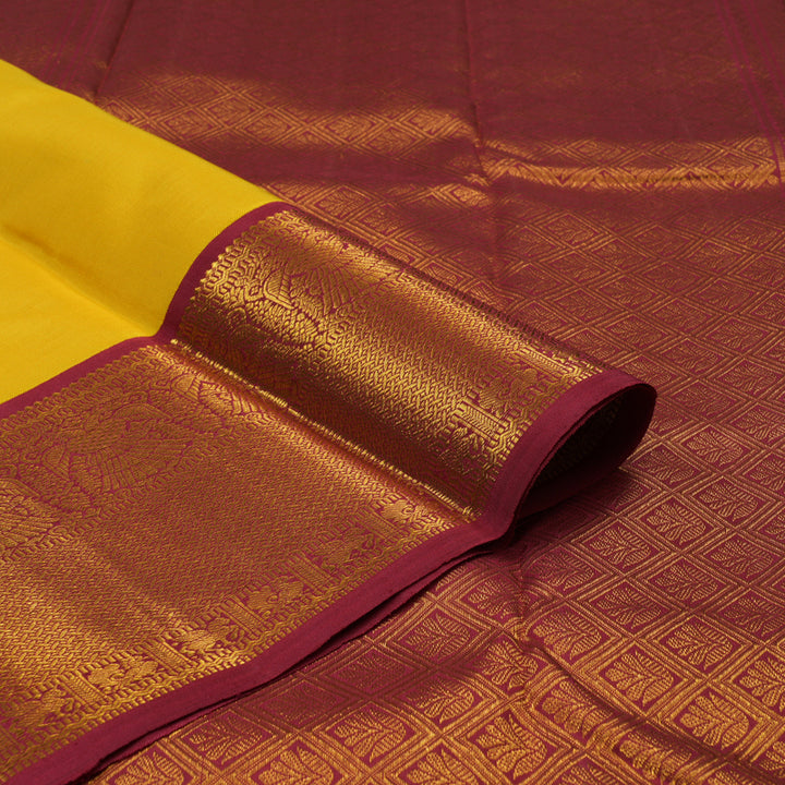 Hayagrivas Handloom Yellow Kanjivaram Silk Saree with Maroon Border KSBE12I6-1