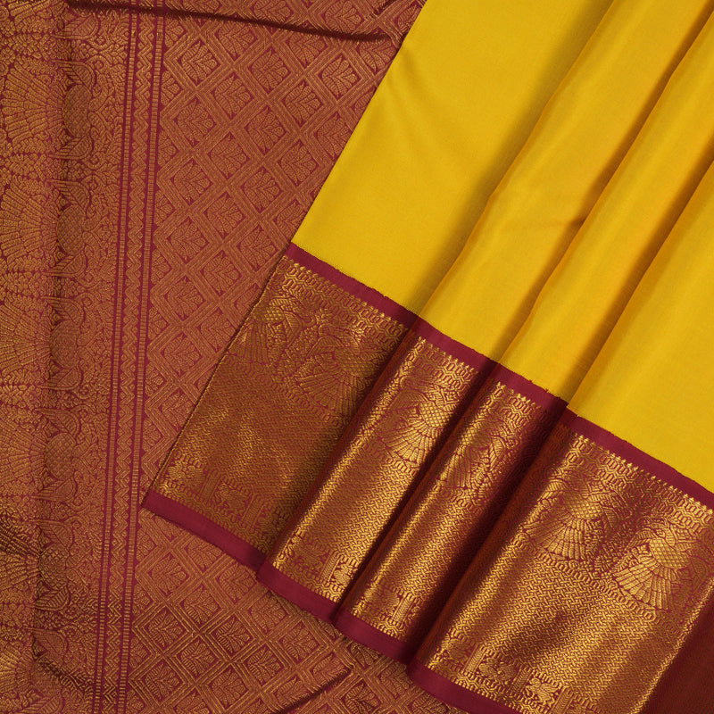 Hayagrivas Handloom Yellow Kanjivaram Silk Saree with Maroon Border KSBE12I6-1
