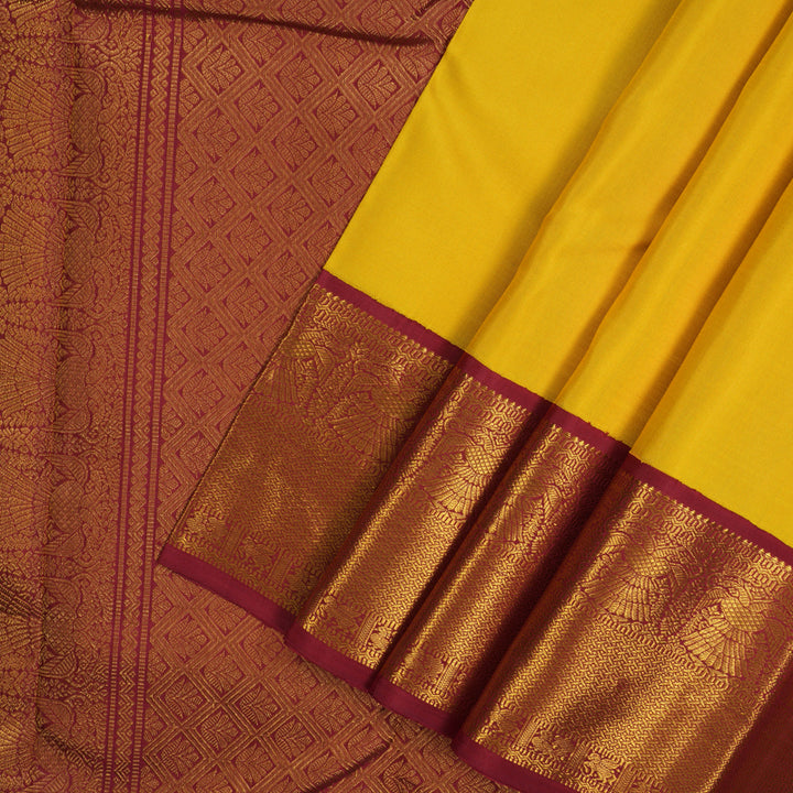 Hayagrivas Handloom Yellow Kanjivaram Silk Saree with Maroon Border KSBE12I6-1