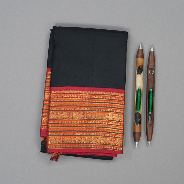 Hayagrivas Handloom Black Kanjivaram Silk Saree with Maroon Border KSBE12I6-7