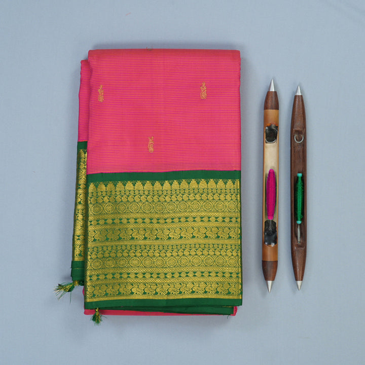 Hayagrivas Handloom Pink Kanjivaram Silk Saree with Dark Green Border KSBE12I7-2
