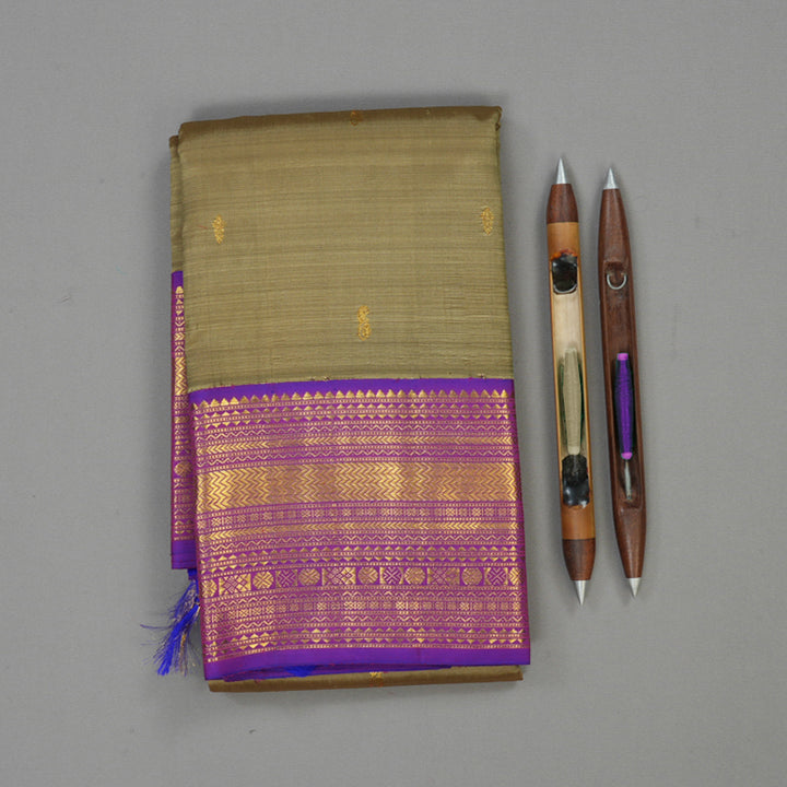 Hayagrivas Handloom Wheat Beige Kanjivaram Silk Saree with Purple border KSBE12I7-4