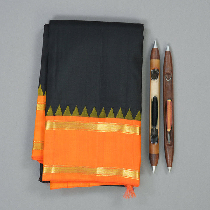 Hayagrivas Handloom Black Kanjivaram Silk Saree with Orange Border KSBE135C12-1
