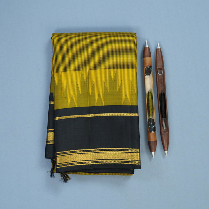Hayagrivas Handloom Black & Yellow Checks Kanjivaram Silk Saree with Black Border KSBE135C12-2