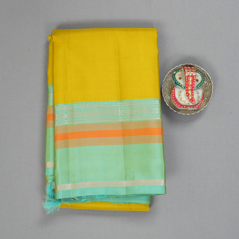 Hayagrivas Handloom Lemon Yellow Kanjivaram Silk Saree with Pastel Blue Border KSBE135C14-2
