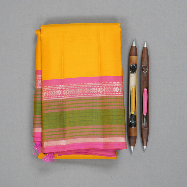 Hayagrivas Handloom Yellow Kanjivaram Silk Saree with Pink Border KSBE135C14-6