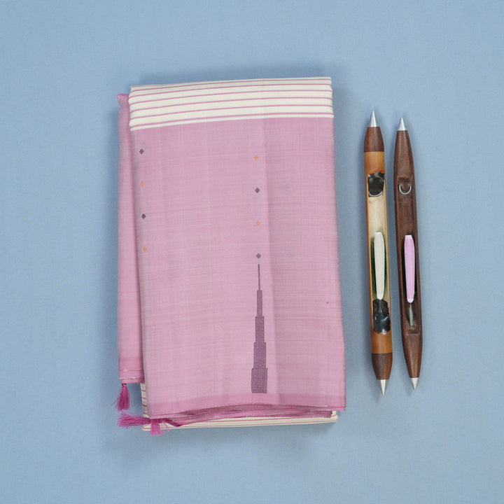 Hayagrivas Handloom Half-White Kanjivaram Silk Saree with Rose Pink Border KSBE135C15-1