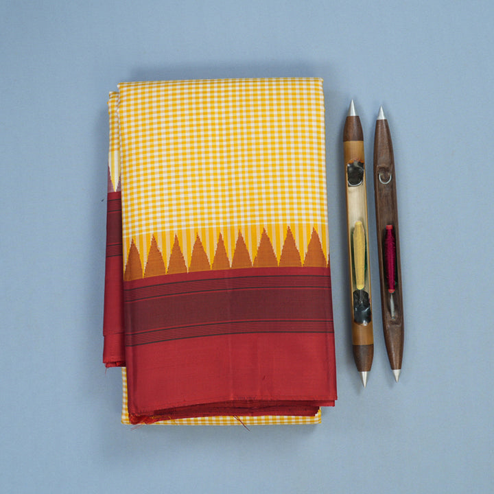 Hayagrivas Handloom White & Yellow Checks Kanjivaram Silk Saree with Crimson Red Border KSBE135C16-2