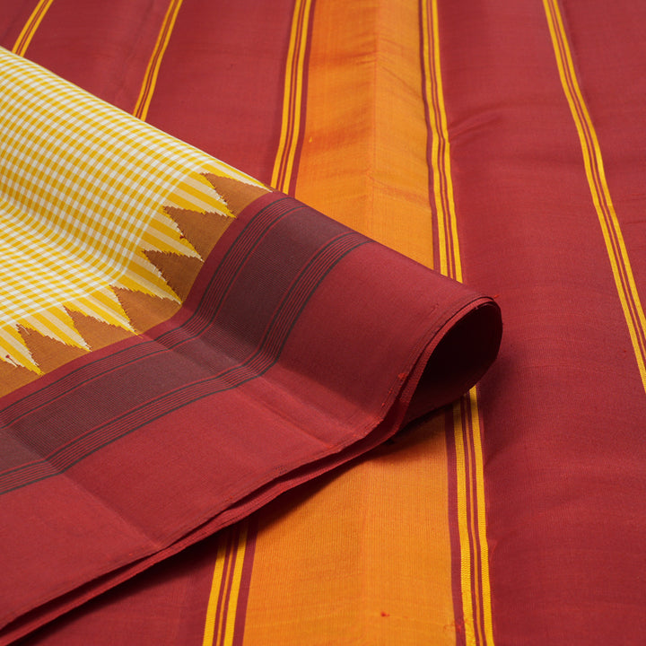 Hayagrivas Handloom White & Yellow Checks Kanjivaram Silk Saree with Crimson Red Border KSBE135C16-2