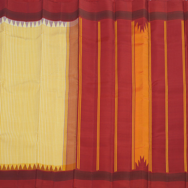 Hayagrivas Handloom White & Yellow Checks Kanjivaram Silk Saree with Crimson Red Border KSBE135C16-2
