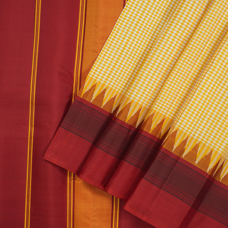 Hayagrivas Handloom White & Yellow Checks Kanjivaram Silk Saree with Crimson Red Border KSBE135C16-2
