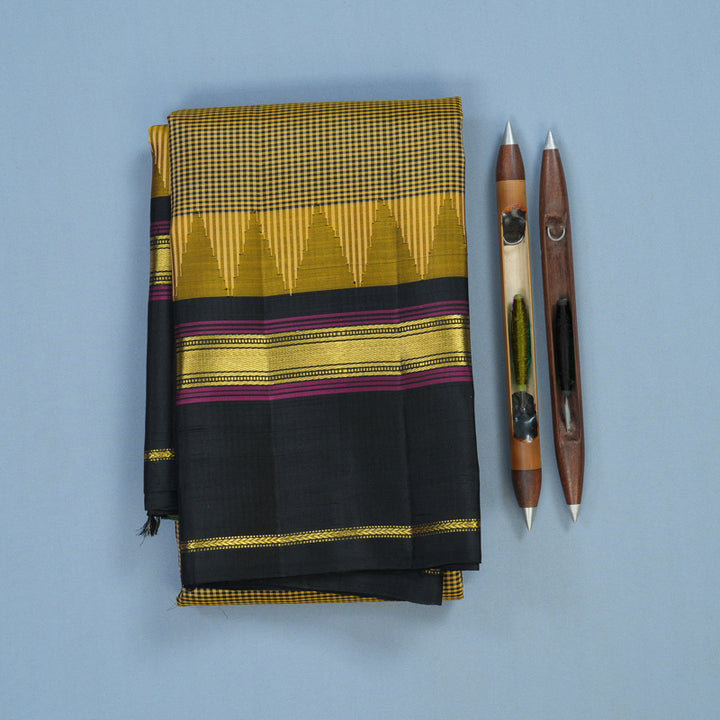 Hayagrivas Handloom Black & Sandal Checks Kanjivaram Silk Saree with Black Border KSBE135C17-1