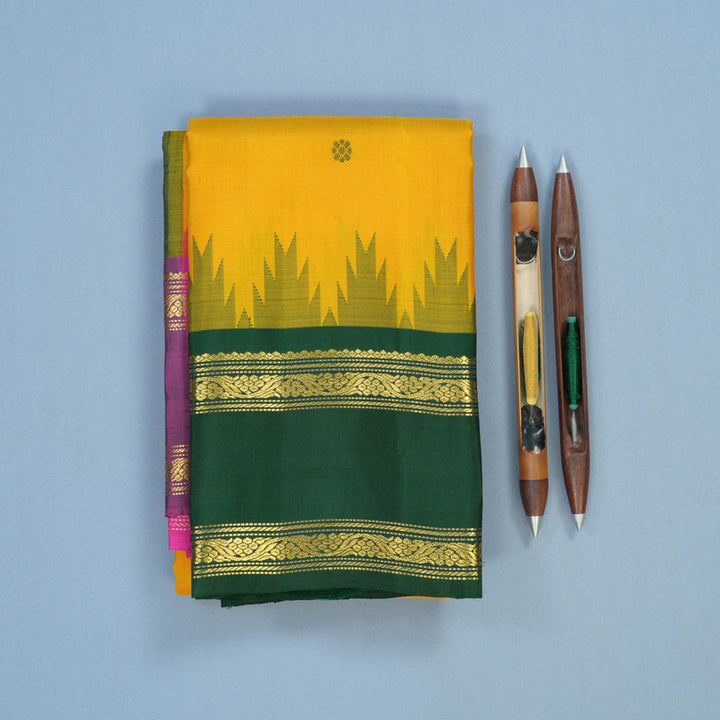 Hayagrivas Handloom Mustard Yellow Kanjivaram Silk Saree with Ganga Jamuna Border KSBE135C17-2