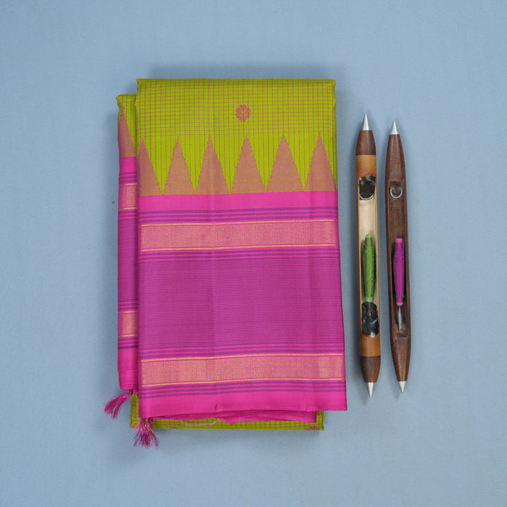 Hayagrivas Handloom Parrot Green Kanjivaram Silk Saree with Rani Pink Border KSBE135C17-3