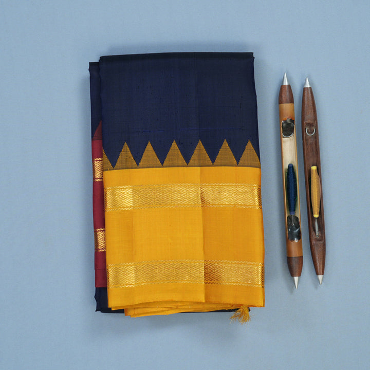 Hayagrivas Handloom Navy Blue Kanjivaram Silk Saree with Ganga Jamuna Border KSBE135C6-1