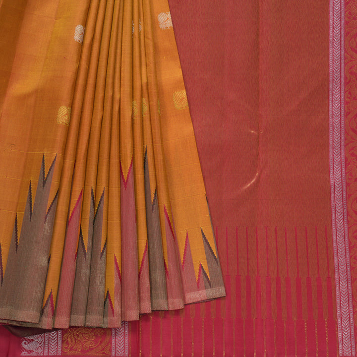 Hayagrivas Handloom Sunset Orange Kanjivaram Silk Saree with Temple Border KSBE138C8-1