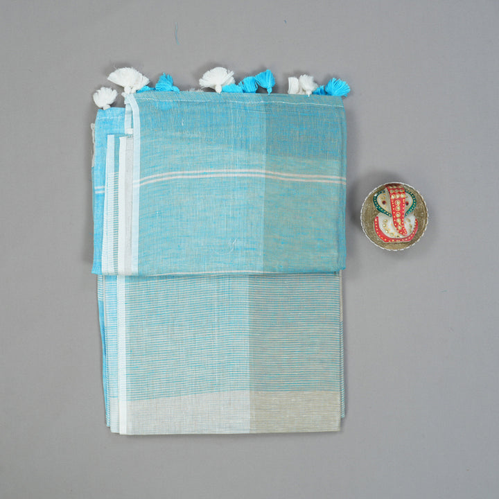 Hayagrivas Sky Blue & Grey Checks Handloom Linen Saree KSBE147C12-1