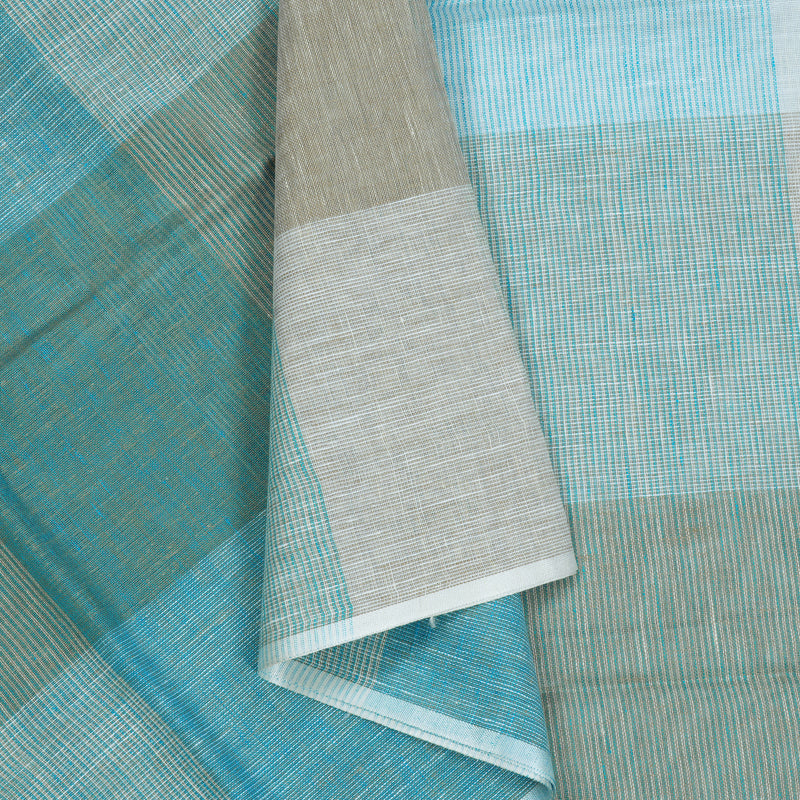 Hayagrivas Sky Blue & Grey Checks Handloom Linen Saree KSBE147C12-1