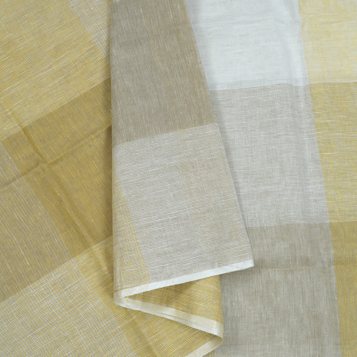 Hayagrivas Yellow & Grey Checks Handloom Linen Saree KSBE147C12-2