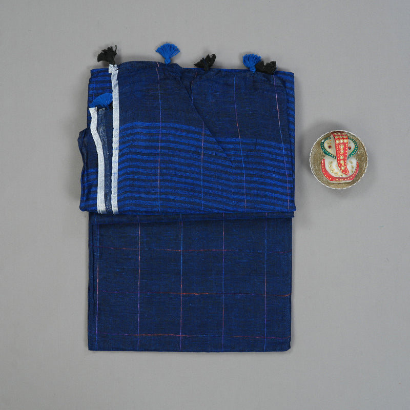 Hayagrivas Dark Blue Handloom Linen Saree KSBE147C3-1