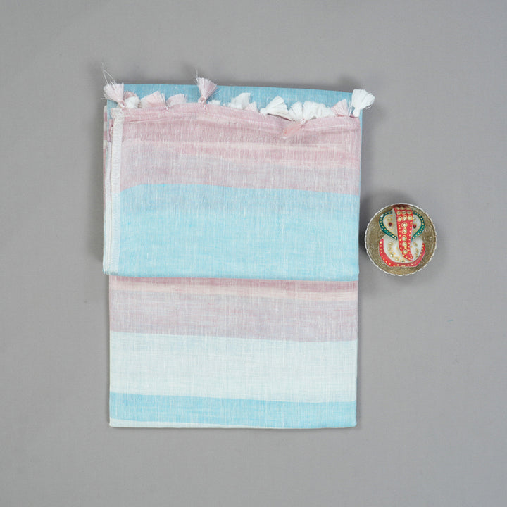 Hayagrivas Sky Blue, White & Baby Pink Stripes Handloom Linen Saree KSBE147C5-2