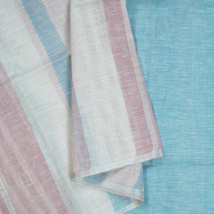 Hayagrivas Sky Blue, White & Baby Pink Stripes Handloom Linen Saree KSBE147C5-2