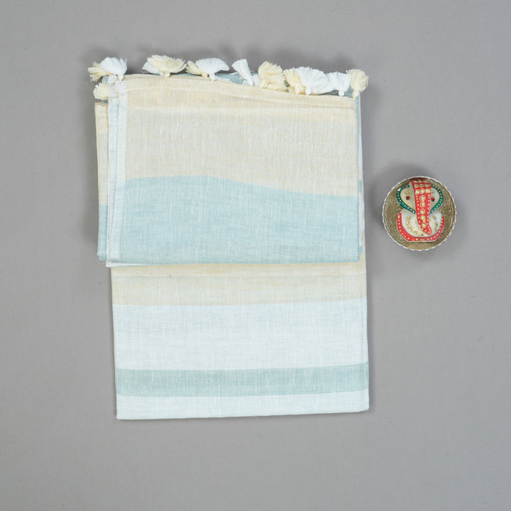 Hayagrivas Powder Blue, White & Cream Stripes Handloom Linen Saree KSBE147C5-3