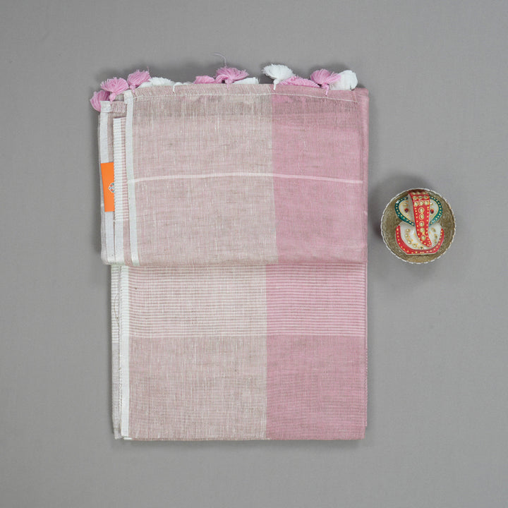 Hayagrivas Baby Pink & Cream Checks Handloom Linen Saree KSBE147C8-1