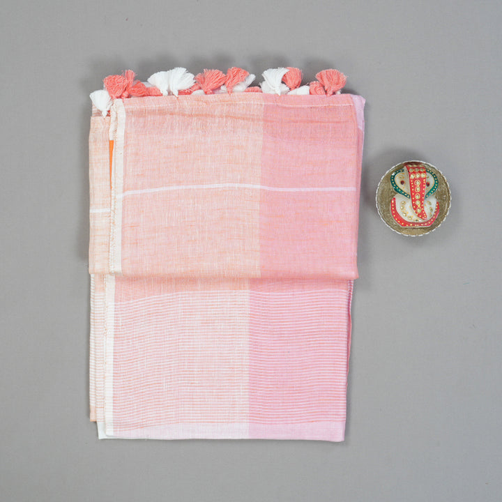 Hayagrivas Peach Pink & Baby Pink Checks Handloom Linen Saree KSBE147C8-3
