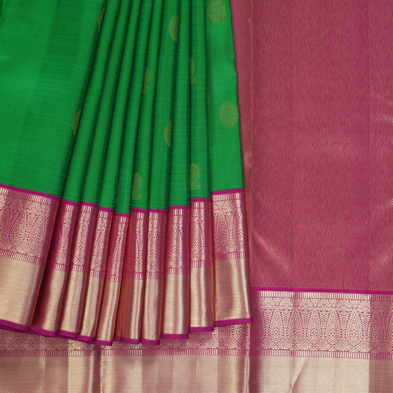 Hayagrivas Handloom Parrot Green Kanjivaram Silk Saree with Pink Border KSBE150C31-3