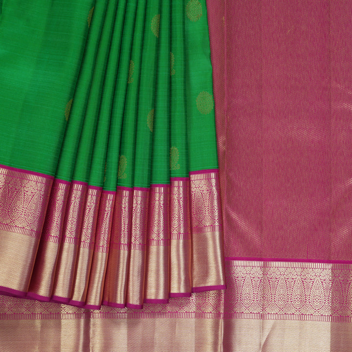 Hayagrivas Handloom Parrot Green Kanjivaram Silk Saree with Pink Border KSBE150C31-3