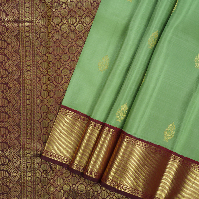 Hayagrivas Handloom Pastel Green Kanjivaram Silk Saree with Araku Maroon Border KSBE150C33-1