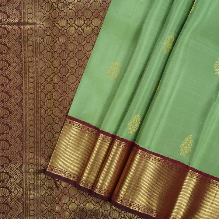 Hayagrivas Handloom Pastel Green Kanjivaram Silk Saree with Araku Maroon Border KSBE150C33-1