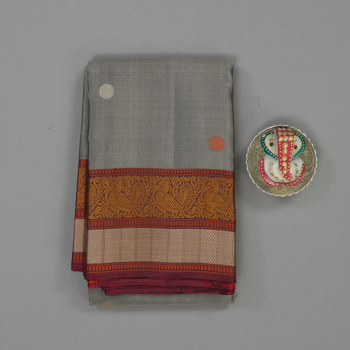 Hayagrivas Handloom Elephant Grey Kanjivaram Silk Saree with Araku Maroon Border KSBE24I17-1